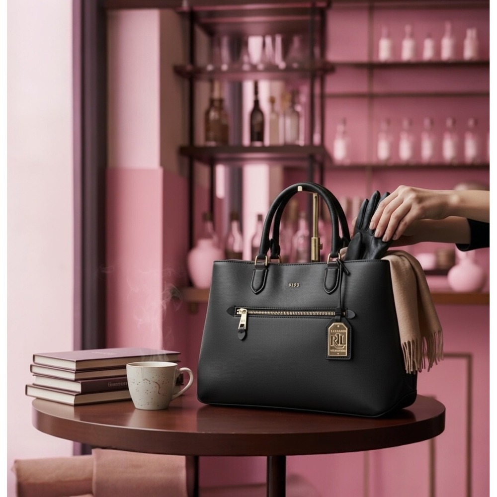 Lauren Ralph Lauren Saffiano Newbury Sabine Satchel Black Leather Gold Hardware - Picture 12 of 12